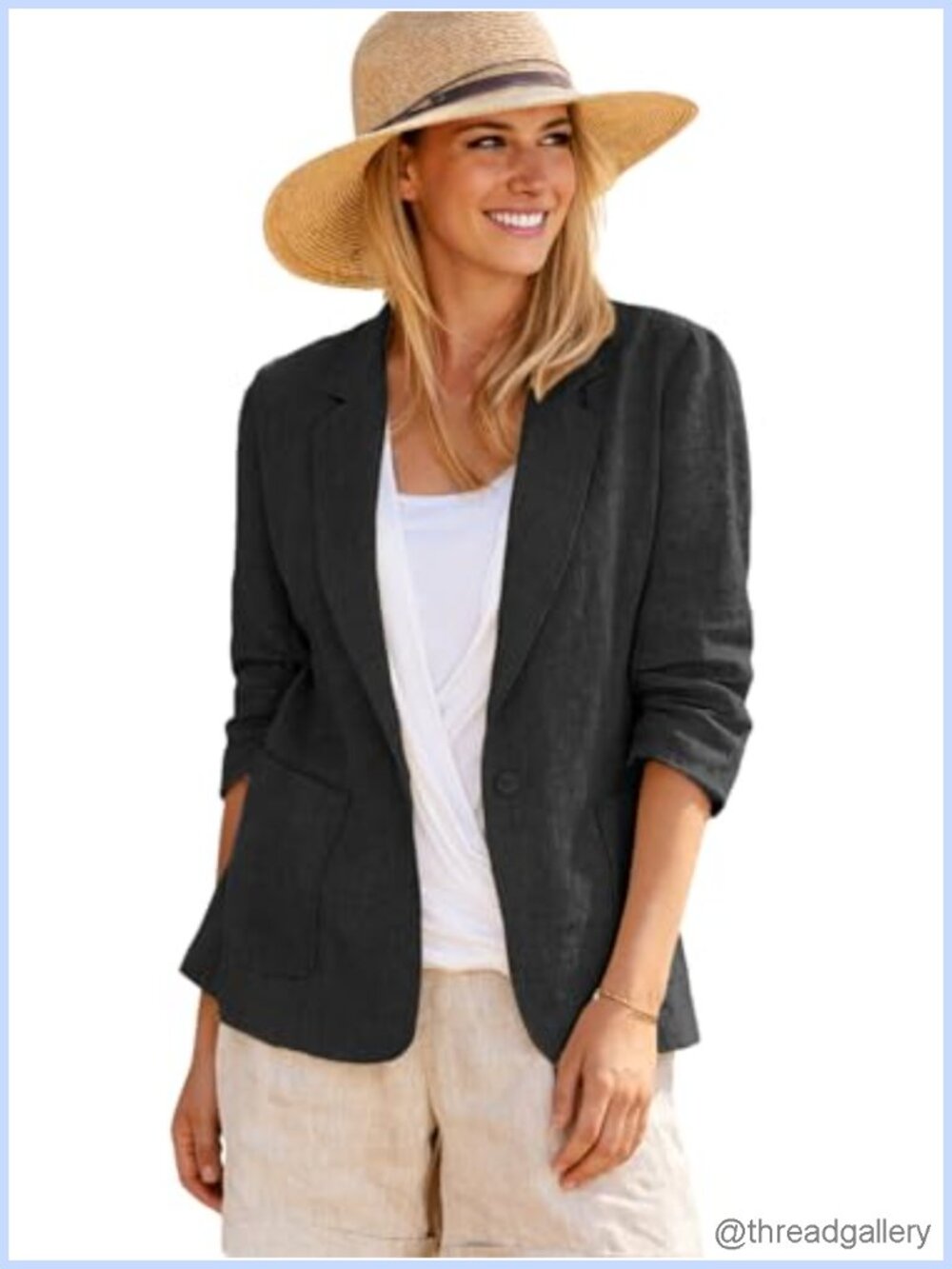 Linen Blend Blazer Jacket Lightweight Ruched Sleeve Business Casual